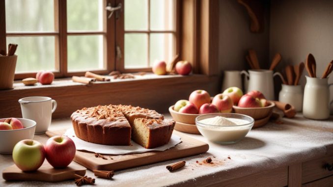 Saftig sockerkaka med äpple och kanel att njuta av illustration