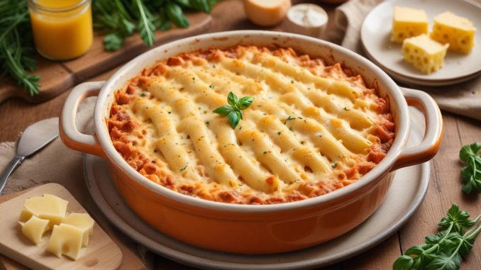 Kärleksfull pastagratäng med köttfärs och ost illustration