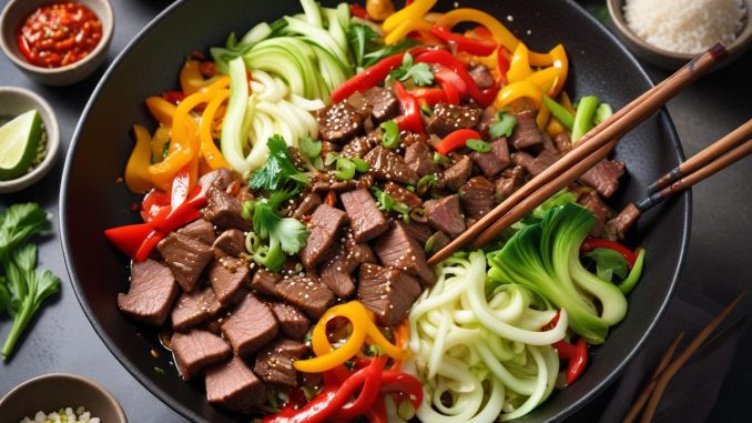 Lövbiff wok med smakfulla grönsaker och såser illustration